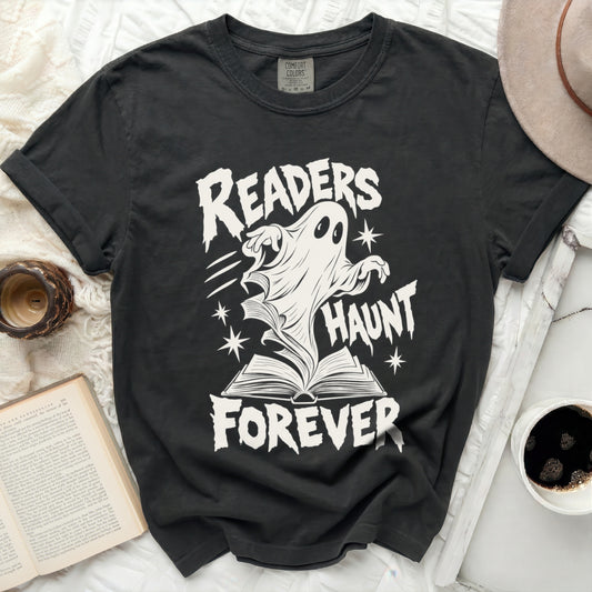 Black t-shirt with white ghost, open book, and "Readers Haunt Forever" text.