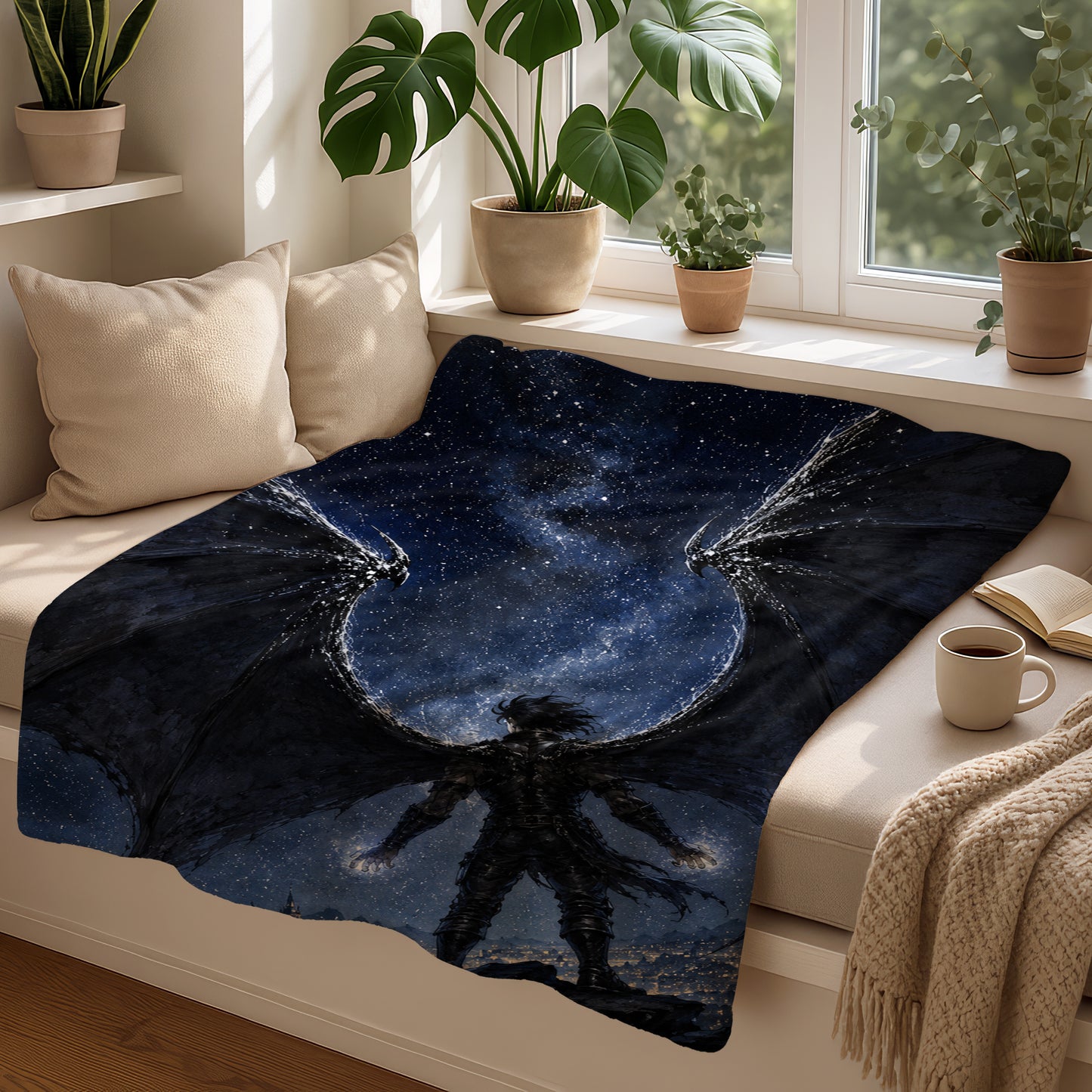 Blanket with a dark fantasy winged figure against a starry night sky.