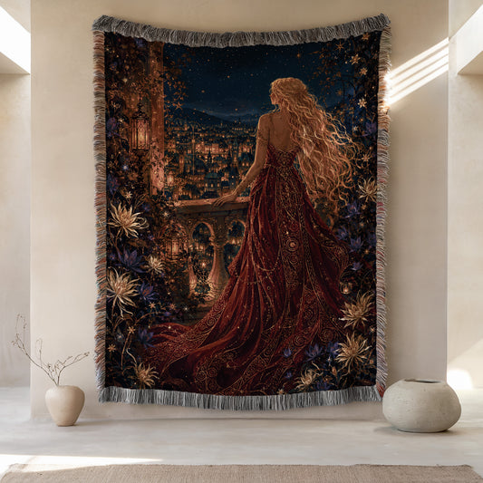 a large tapestry hanging on a wall, depicting a woman in a long red dress standing in front of a cityscape at night. The tapestry is adorned with flowers and other decorative elements, creating a visually striking and artistic scene.