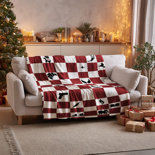 Red and White Checkered Pattern with Icons Blanket