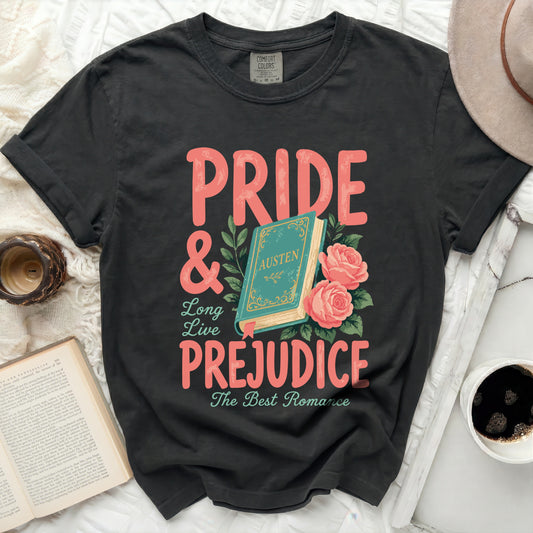 Pride and Prejudice graphic t-shirt with book and roses.