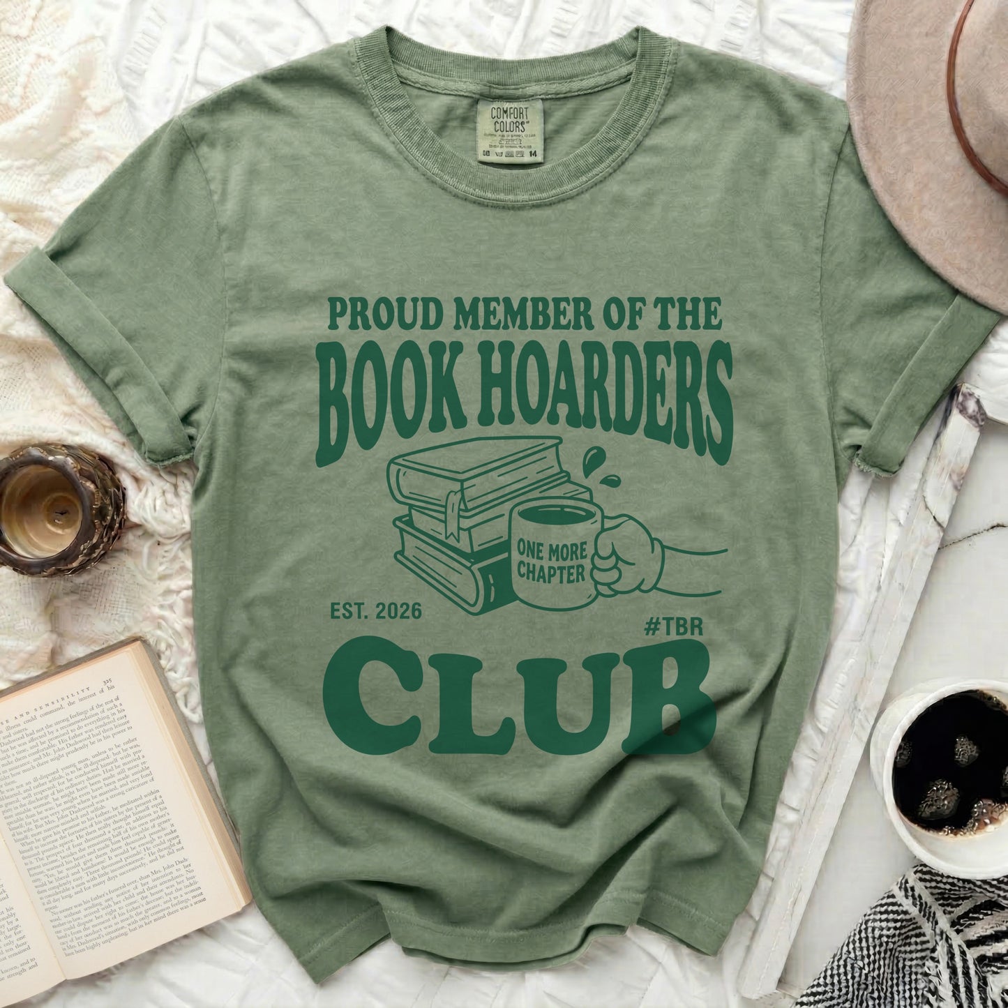 Proud member of the book hoarders club with books and coffee graphic.