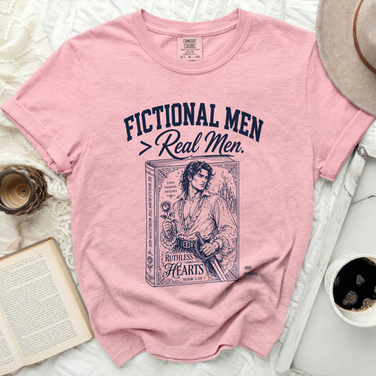 Pink t-shirt with "Fictional Men" and "Ruthless Hearts" book graphic.