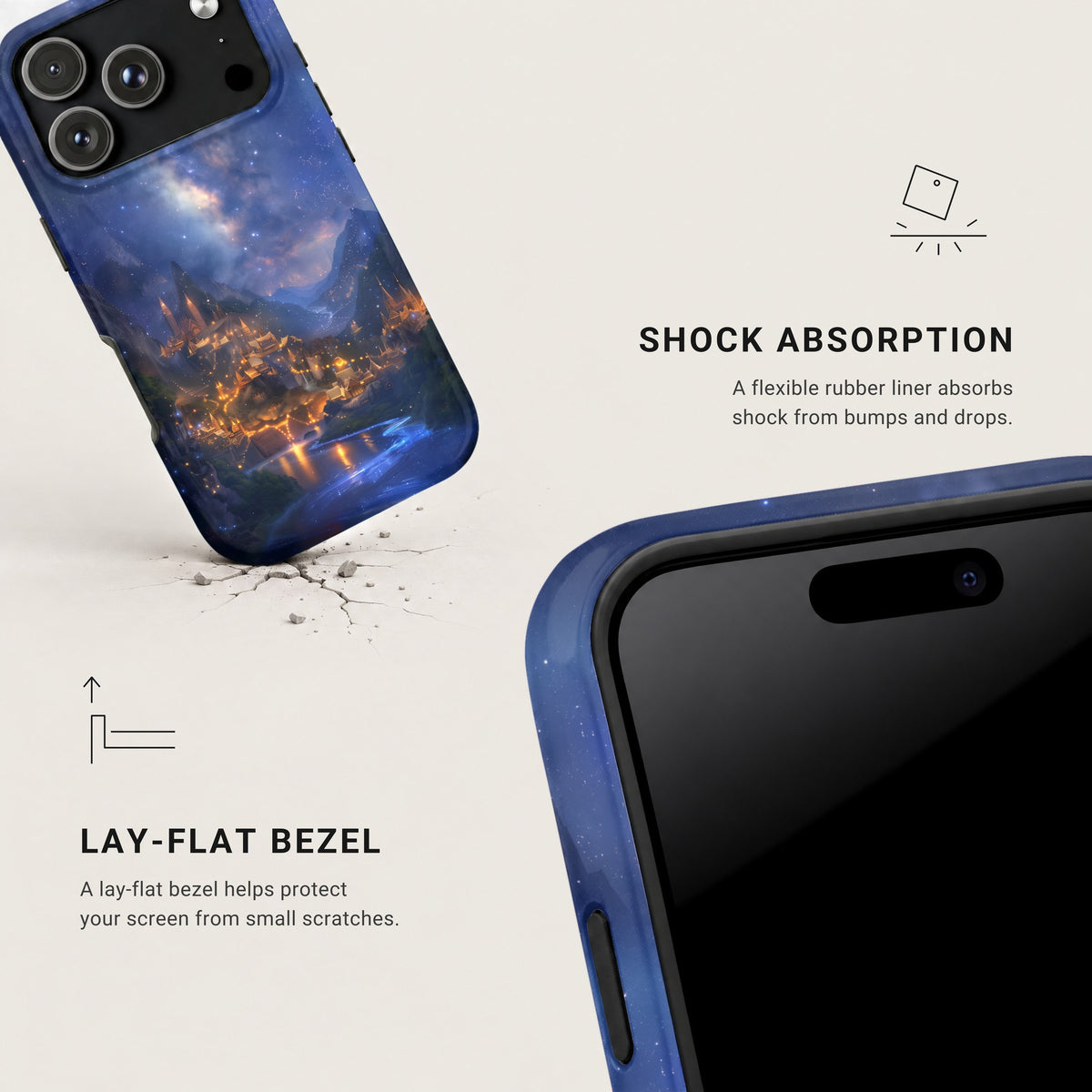 Blue smartphone case featuring a fantasy city design, with text highlighting shock absorption and a lay-flat bezel.