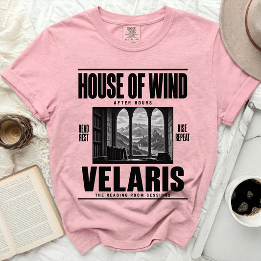 Pink t-shirt with "House of Wind After Hours" and "Velaris" text.