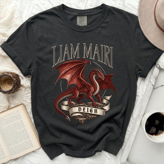 Dark t-shirt with red dragon graphic and text "LIAM MAIRI DEIGH".
