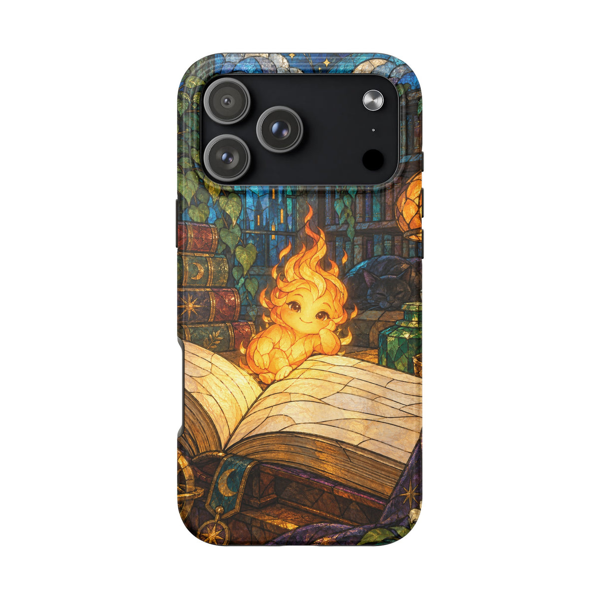A black smartphone case featuring a fantasy design of a small fire spirit lounging on an open book in a library.