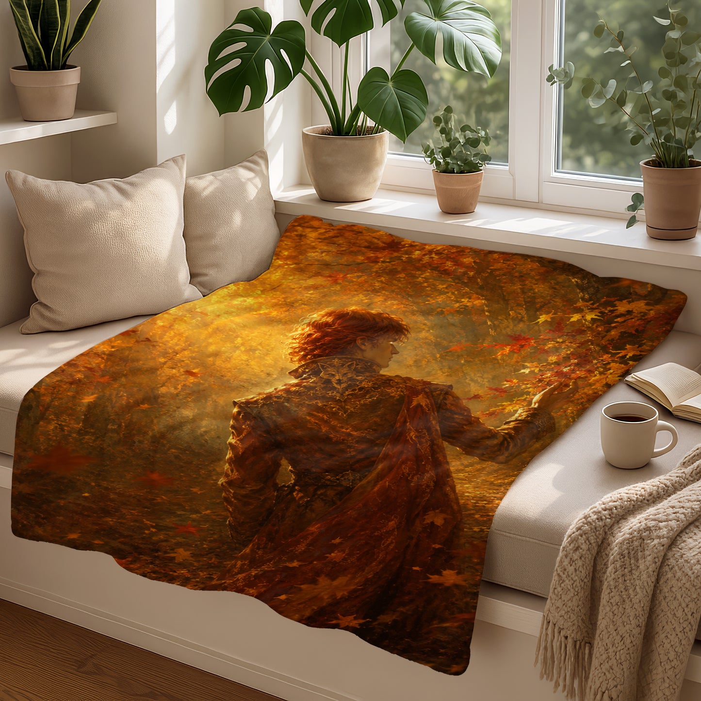 Fallen leaves blanket with a regal figure and golden light.
