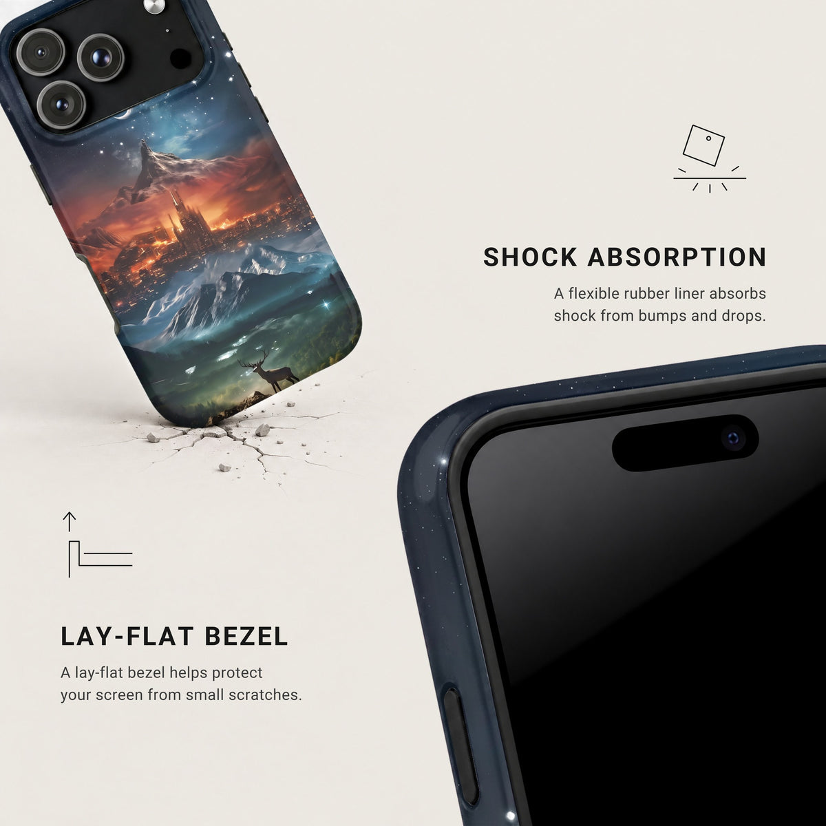 A smartphone case featuring a fantasy landscape with text highlighting its shock absorption and lay-flat bezel features.