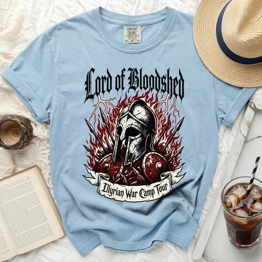 Light blue t-shirt with "Lord of Bloodshed" and "Illyrian War Camp Tour" graphics.