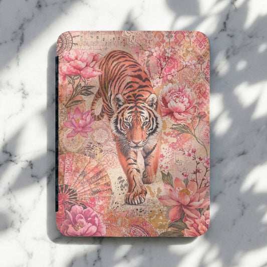 Notebook cover with a tiger walking through floral patterns and musical notes.