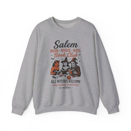 Salem Book Booze Bats Book Club Graphic Print Sweatshirt - MagicMerchEmporium