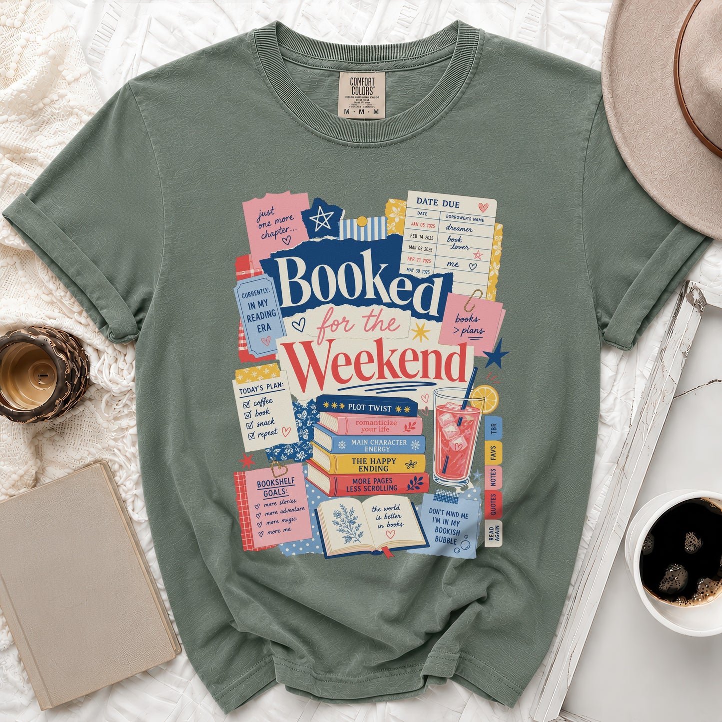 Green t-shirt graphic with text "Booked for the Weekend" and book-themed illustrations.