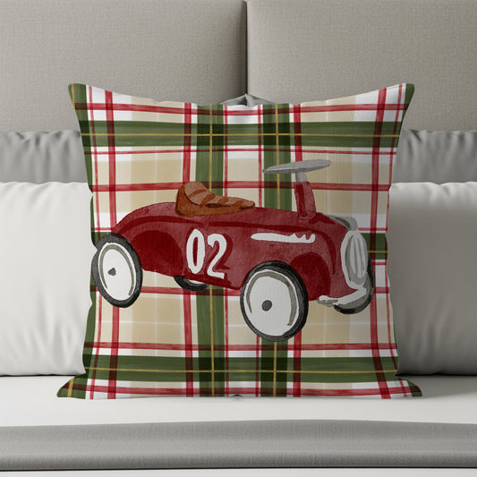 Vintage Red Car Plaid Design Decorative Pillow