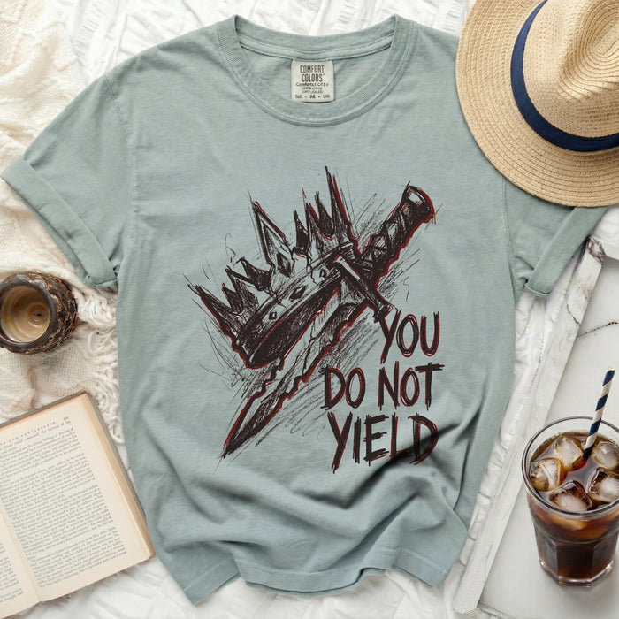 Gray t-shirt with a crown and sword graphic and text "YOU DO NOT YIELD".