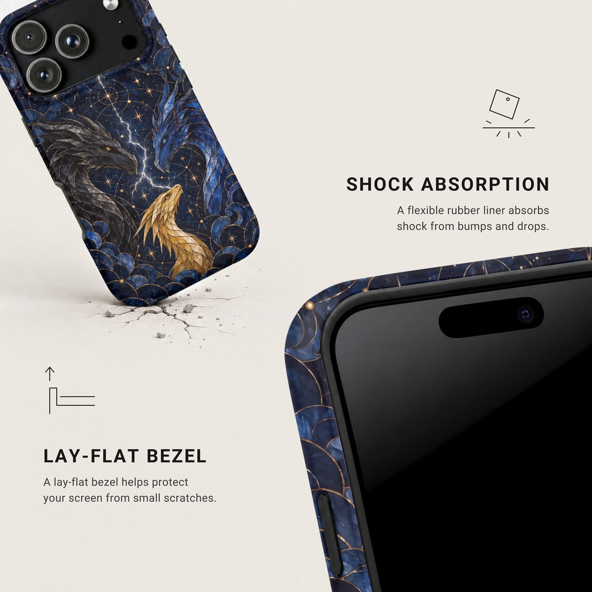 A smartphone case featuring a blue, black, and gold dragon design with shock absorption and lay-flat bezel features.