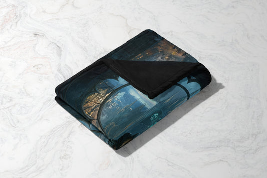 Futuristic Cityscape Blanket with Black Border Design