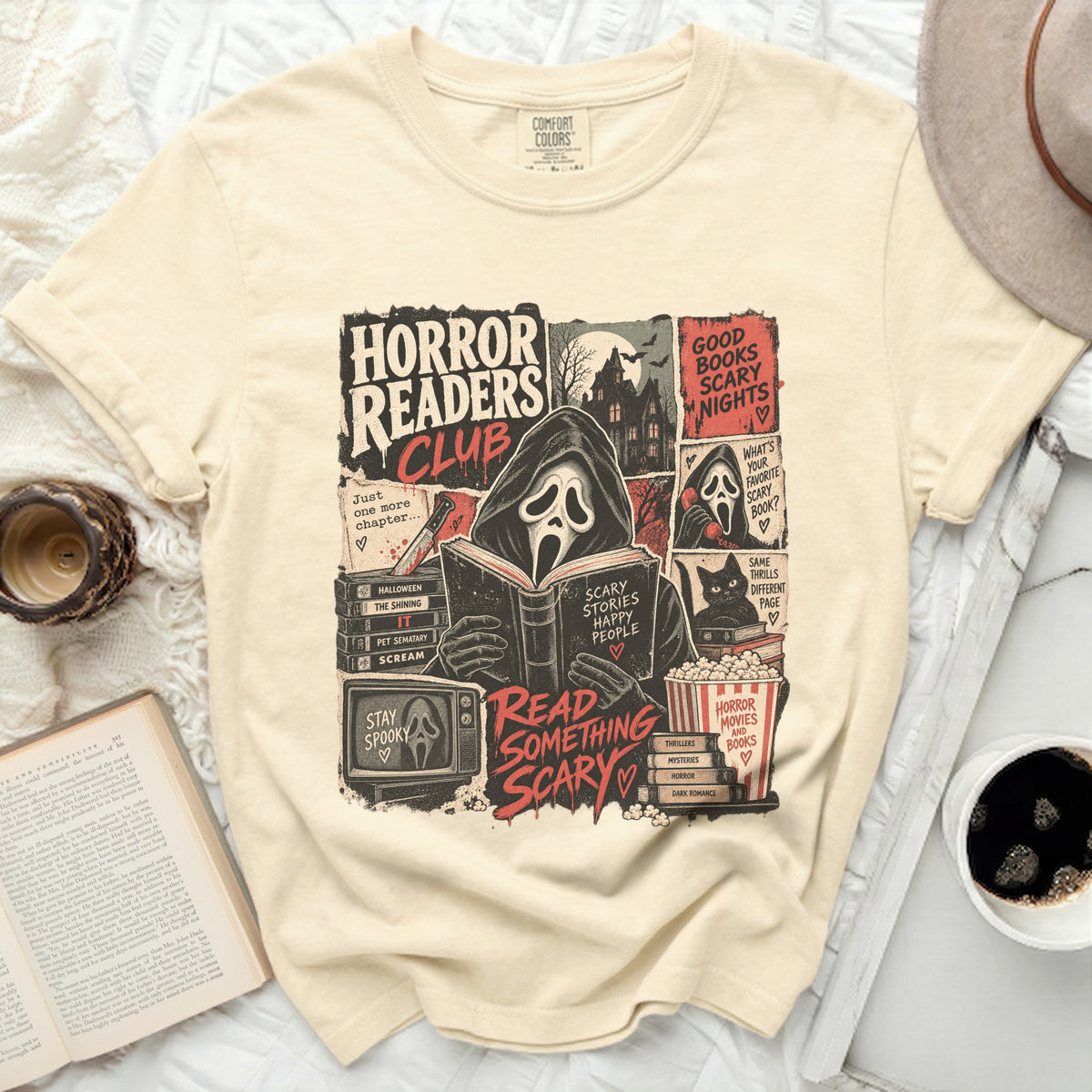 Horror Readers Club graphic with ghost, books, and popcorn, on a cream t-shirt.