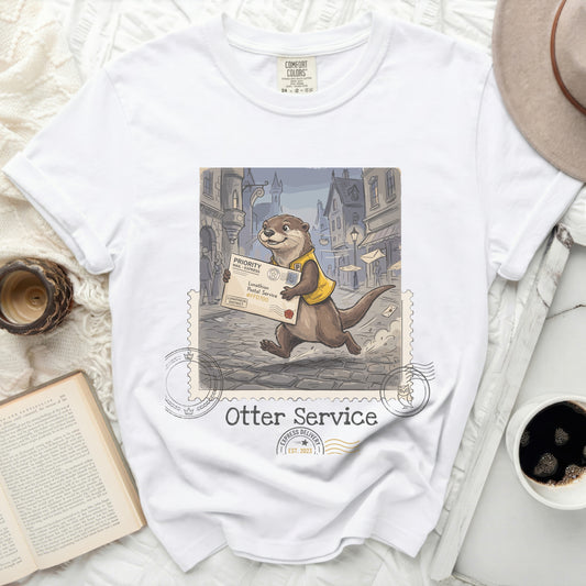 T-shirt with otter in mail carrier uniform delivering package.