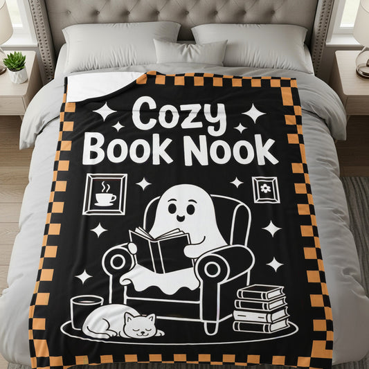 Cozy Book Nook Blanket with Cute Ghost and Cat Design