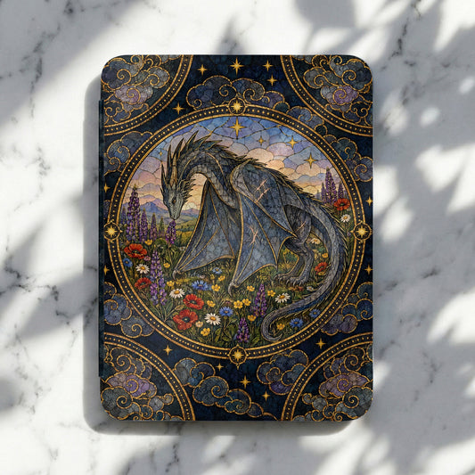 An e-reader case featuring an intricate stained-glass style illustration of a grey dragon in a flowery meadow.