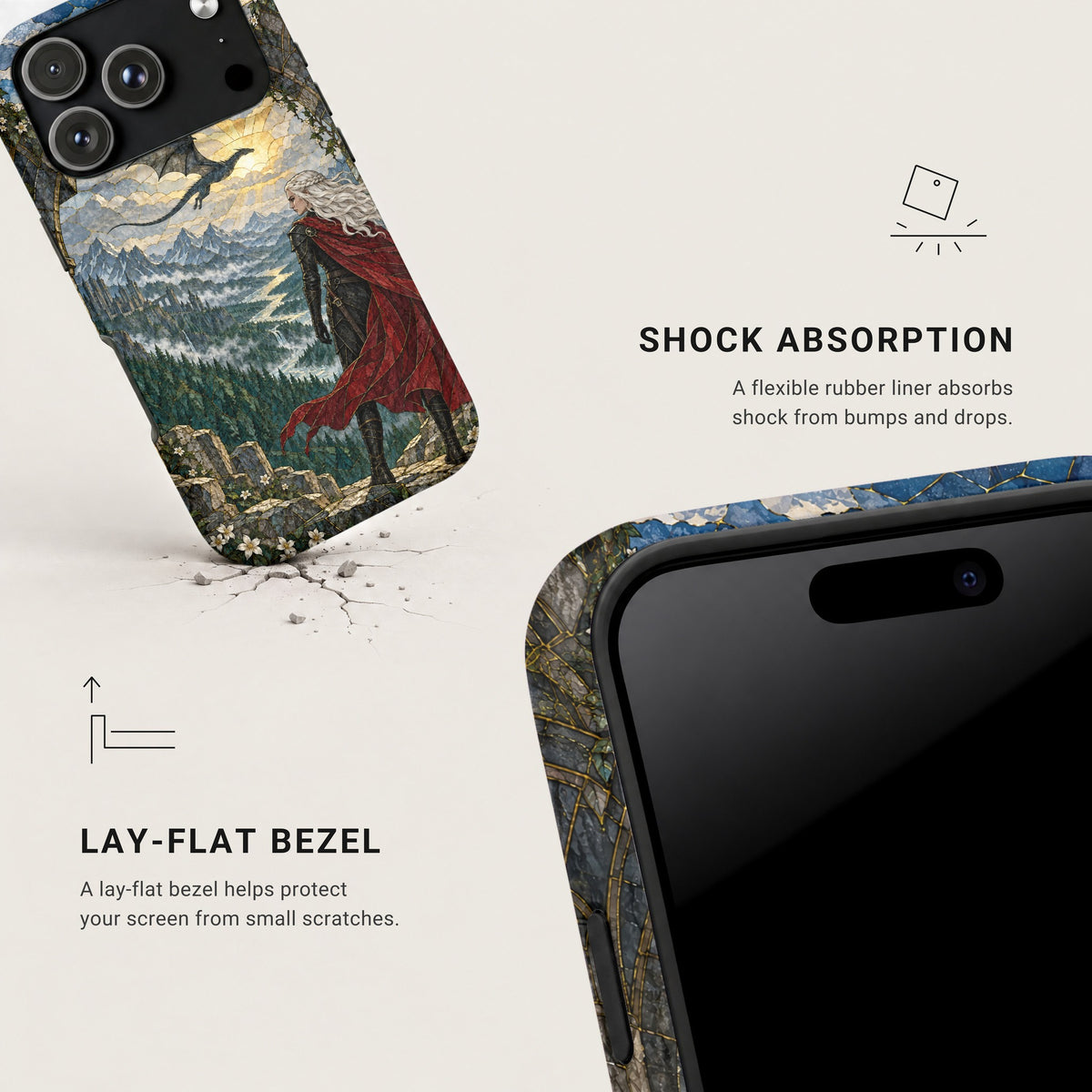 A smartphone case featuring a stained glass fantasy art design with a dragon and woman in a red cloak.