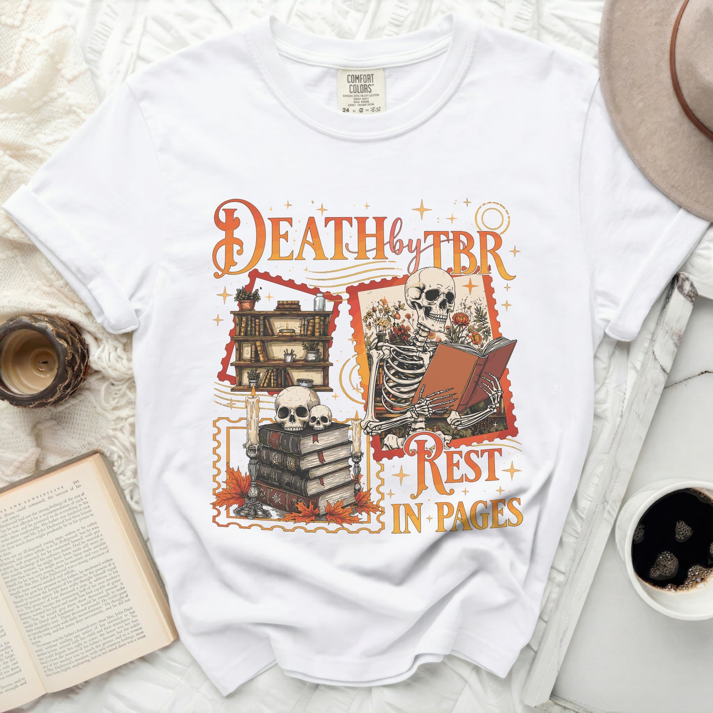 White t-shirt with "Death by TBR" and skeleton reading, "Rest in Pages" graphic.