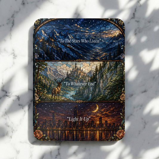 Three stained-glass style panels with mountain, castle, and city scenes, and quotes.