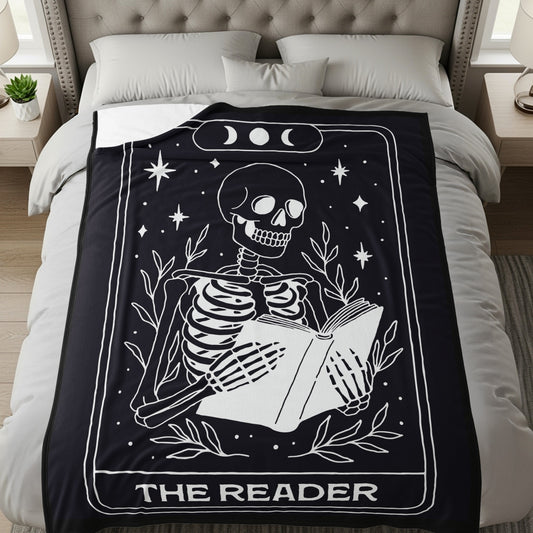 The Reader Skeleton Tarot Card Design Blanket