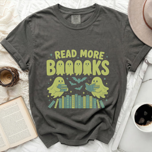 Gray t-shirt with "Read More BAAAKS" and ghosts reading books graphic.