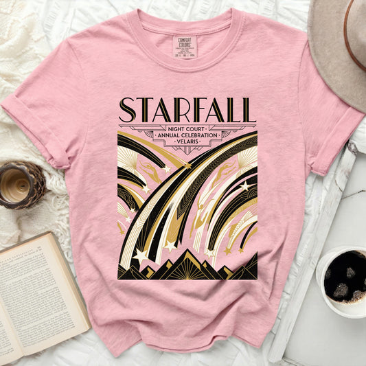 Pink t-shirt with "STARFALL NIGHT COURT ANNUAL CELEBRATION VELARIS" graphic.