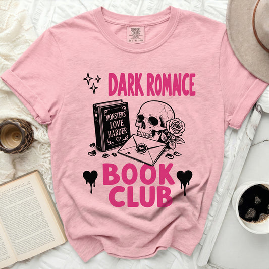 Pink t-shirt with "Dark Romance Book Club" text, skull, book, and rose.