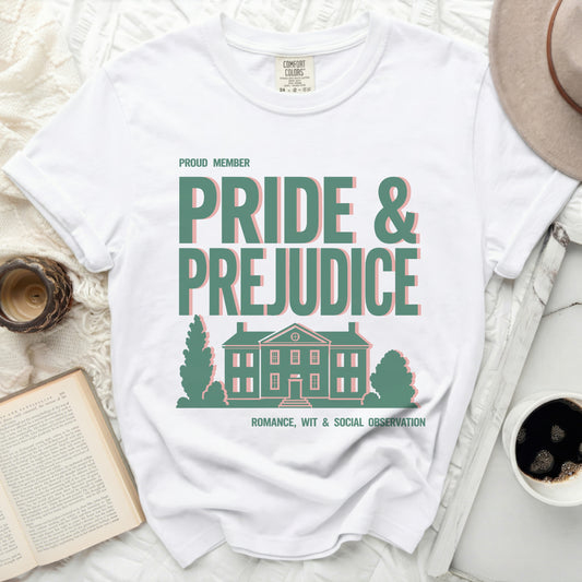 Proud member Pride & Prejudice t-shirt with house graphic.