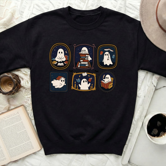 Six cute ghosts reading books and sitting near candles and moon.