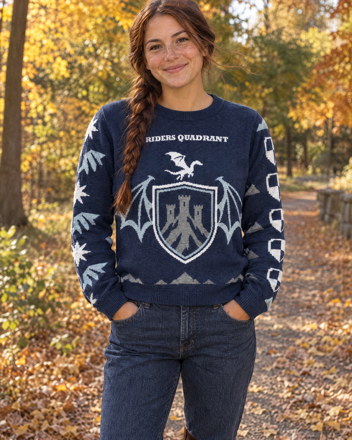 Riders Quadrant knitted sweater, worn outdoors