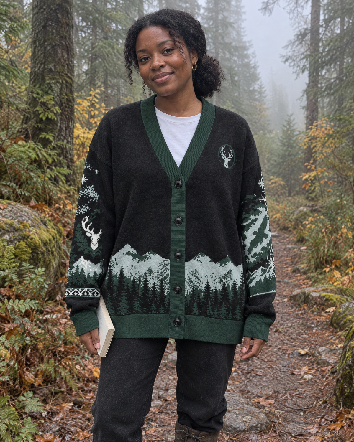 Terrasen Stag Knitted Cardigan on a forest trail