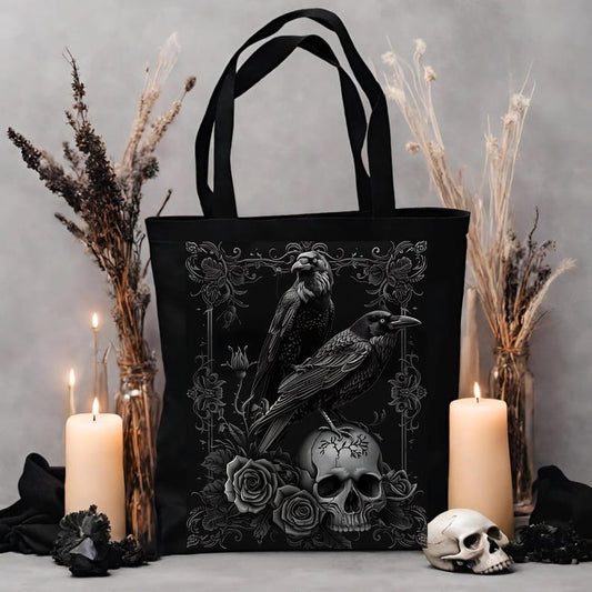 Gothic Raven & Skull Dark Academia Tote Bag - MagicMerchEmporium