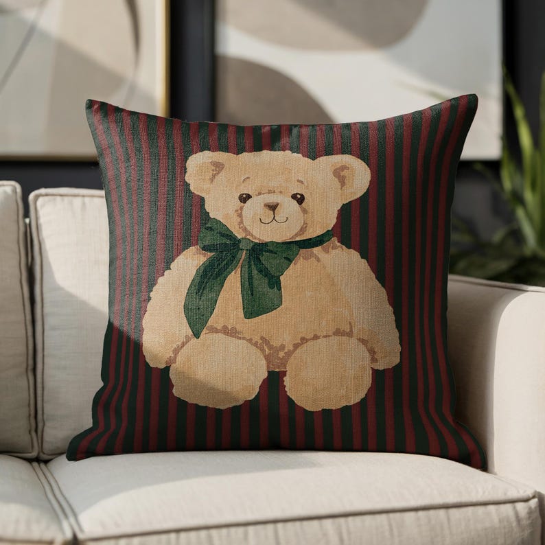 Green Bow Teddy Bear Pillow