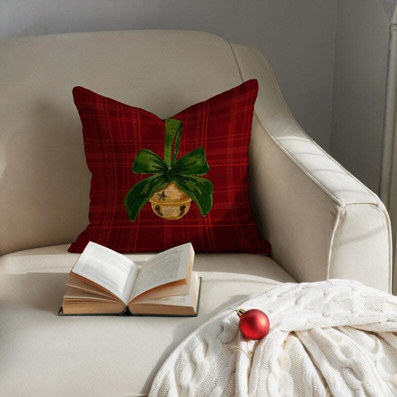 Red Plaid Jingle Bell Pillow