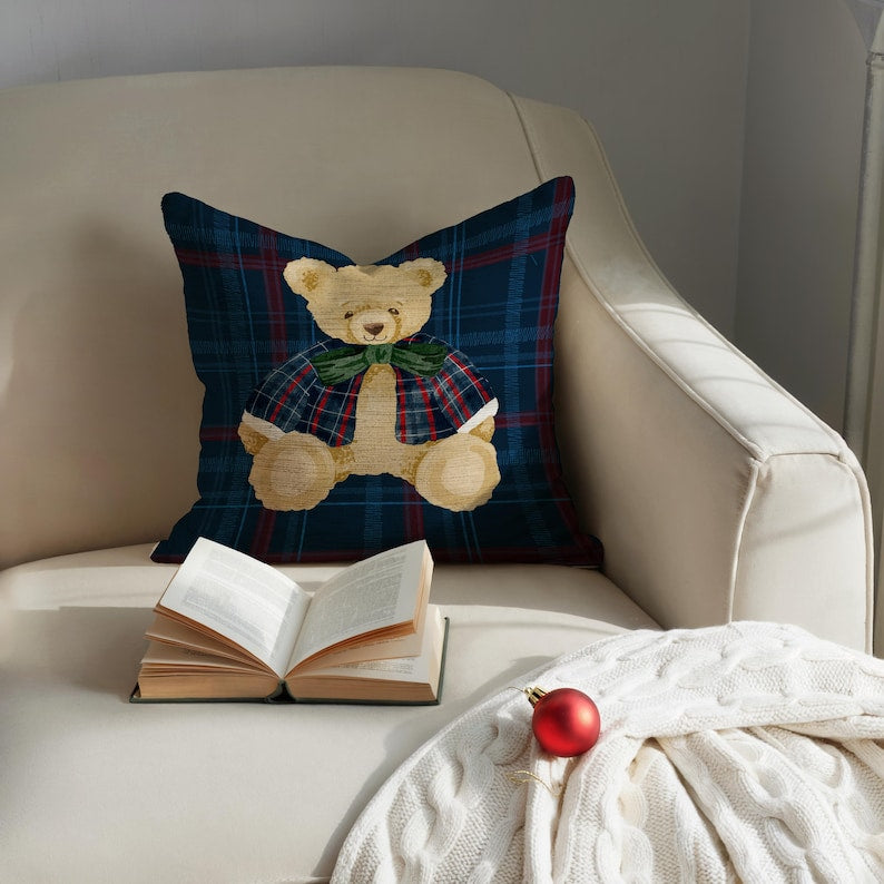 Festive Plaid Teddy Bear Pillow