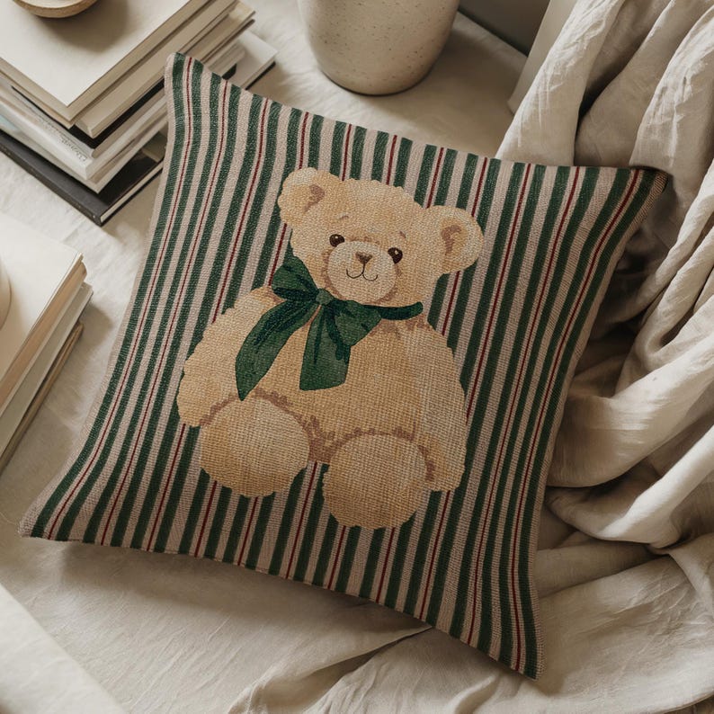 Green Teddy Bear Bow Tie Pillow