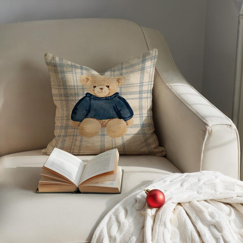 Cute Teddy Bear in Blue Sweater Pillow