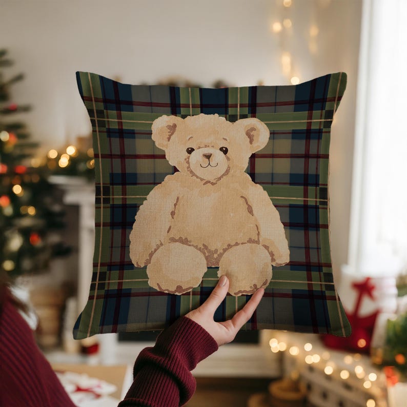 Adorable Bear on Plaid Pillow
