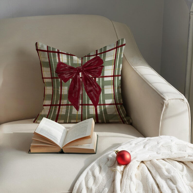 Holiday Plaid with Bow Pillow
