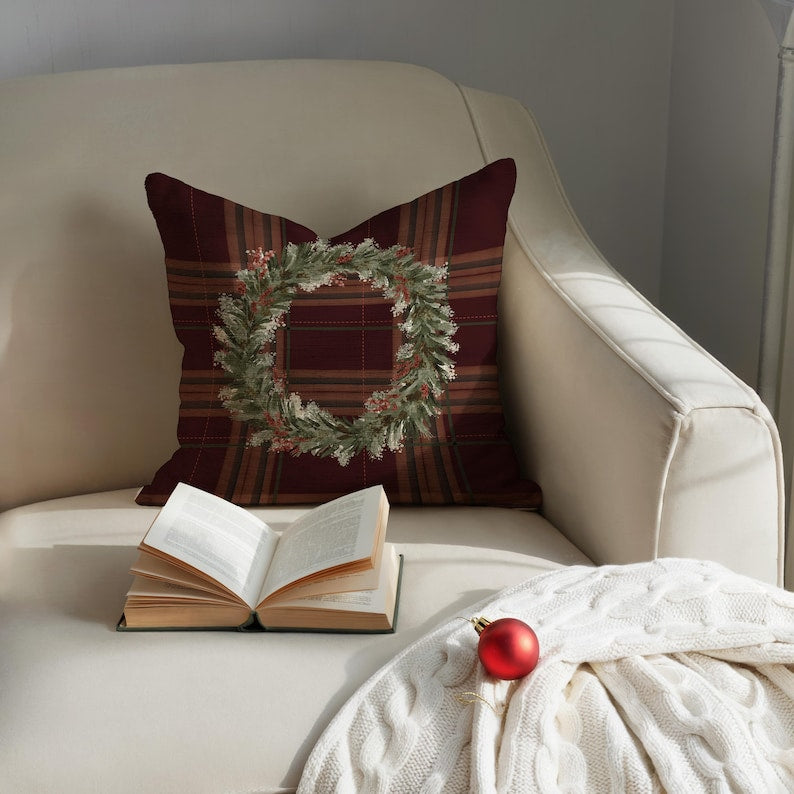 Festive Wreath on Plaid Pillow