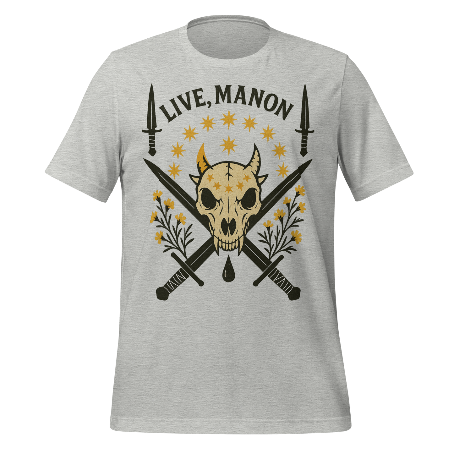 Live Manon Skull Swords and Floral Design Graphic Tee