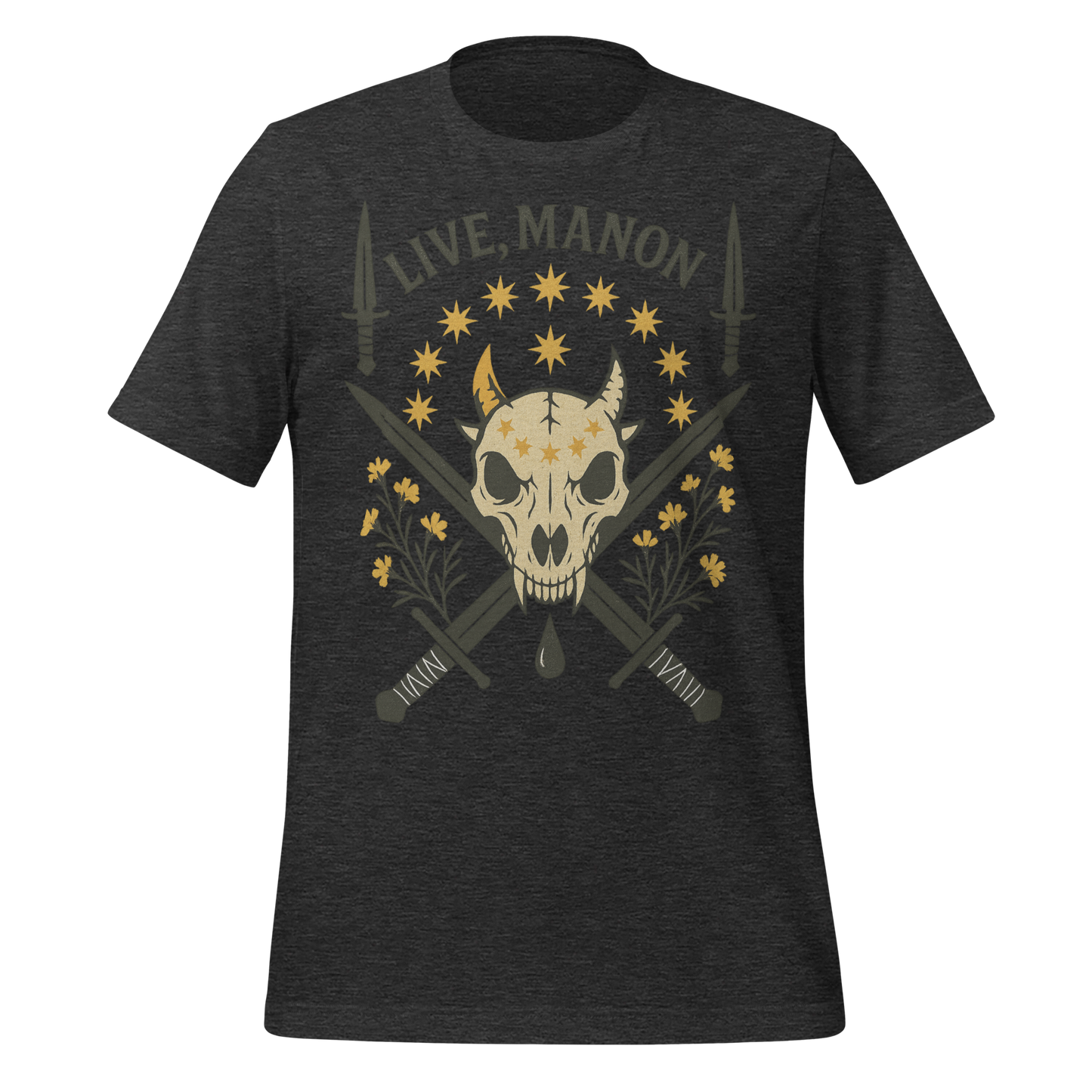 Live Manon Skull Swords and Floral Design Graphic Tee