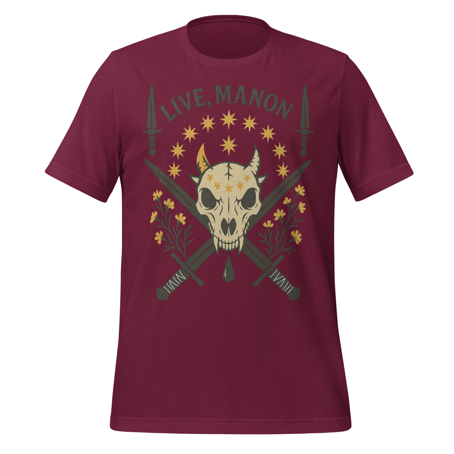 Live Manon Skull Swords and Floral Design Graphic Tee