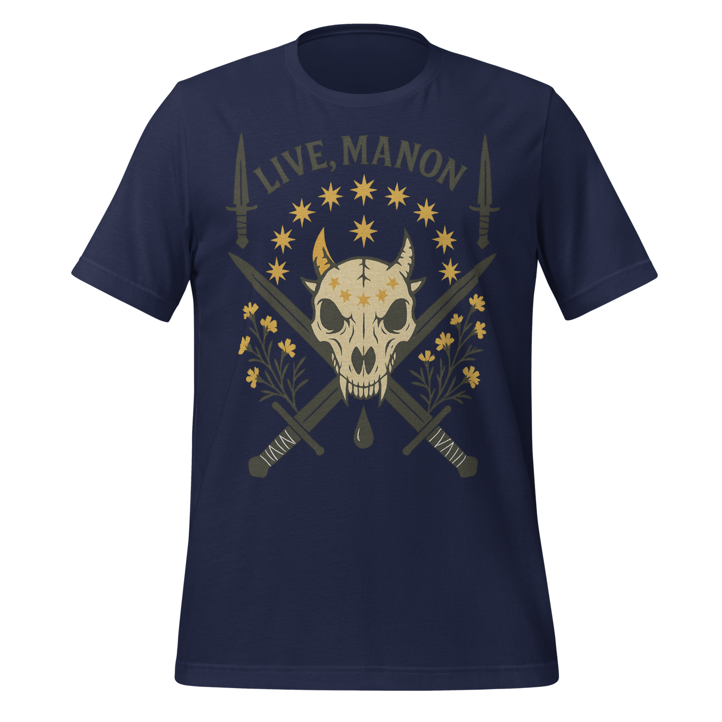 Live Manon Skull Swords and Floral Design Graphic Tee