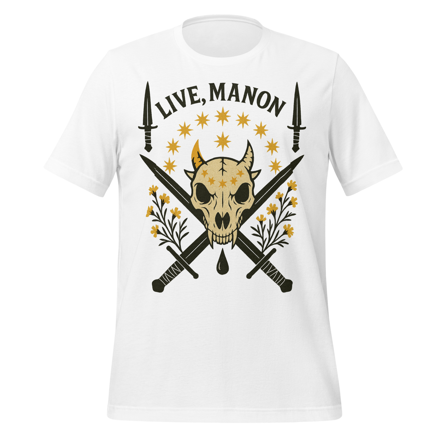 Live Manon Skull Swords and Floral Design Graphic Tee
